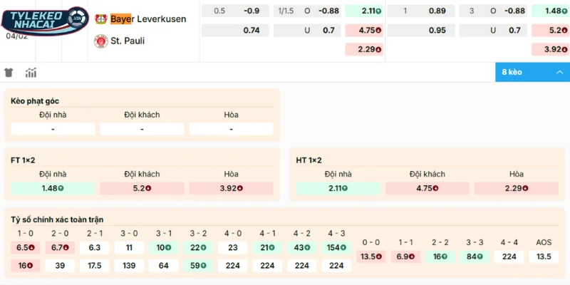 Chọn cửa đặt ngon ăn vào tiền trận Bayer Leverkusen vs St Pauli